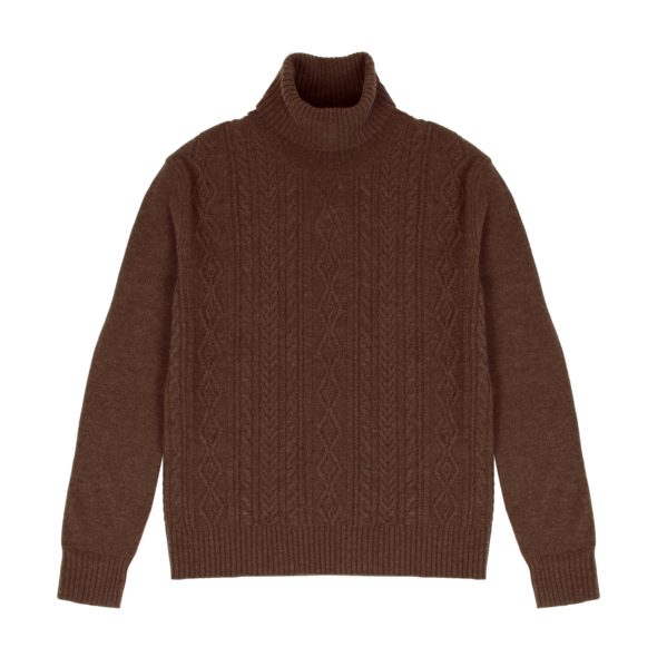 Stag Brown Lambswool Cable Roll Neck