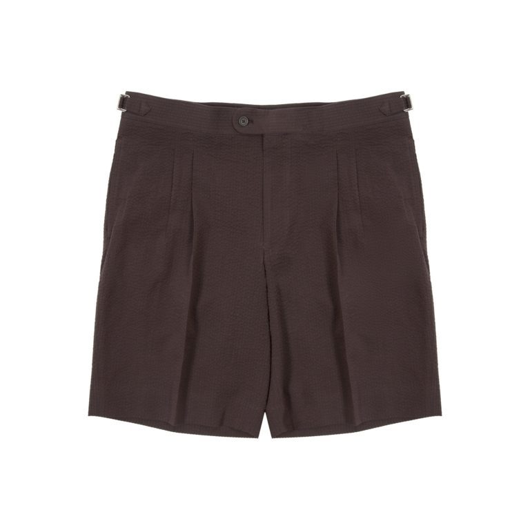 Brown Cotton Seersucker Pleated Shorts