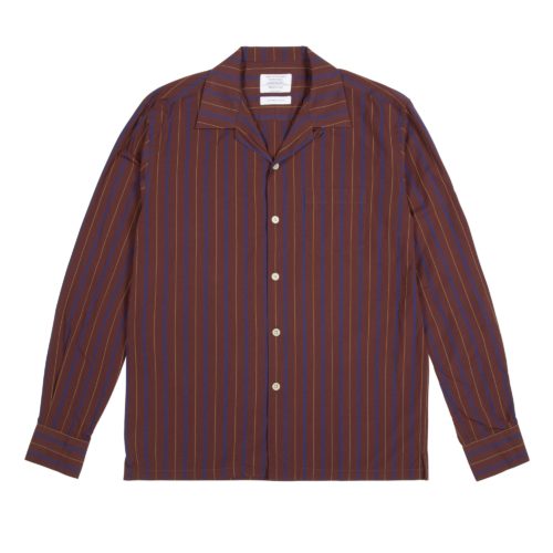 Burgundy and Blue Striped Cuban Collar Shirt