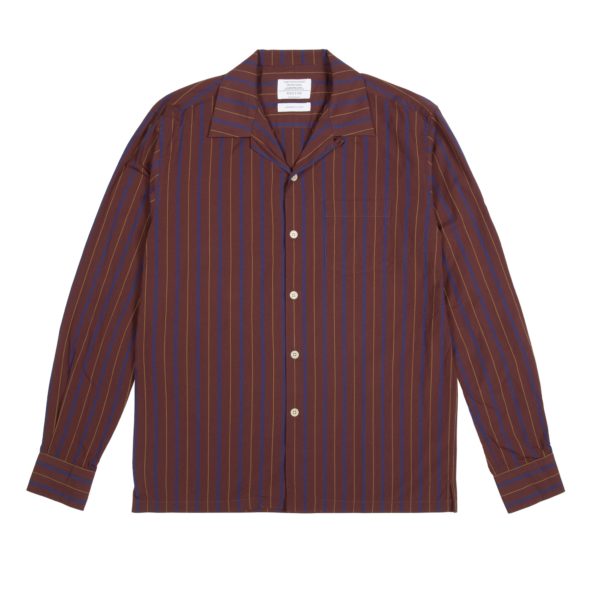 Burgundy and Blue Striped Cuban Collar Shirt