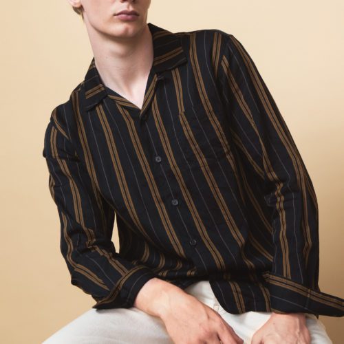 Black and Mustard Striped Cuban Collar Shirt