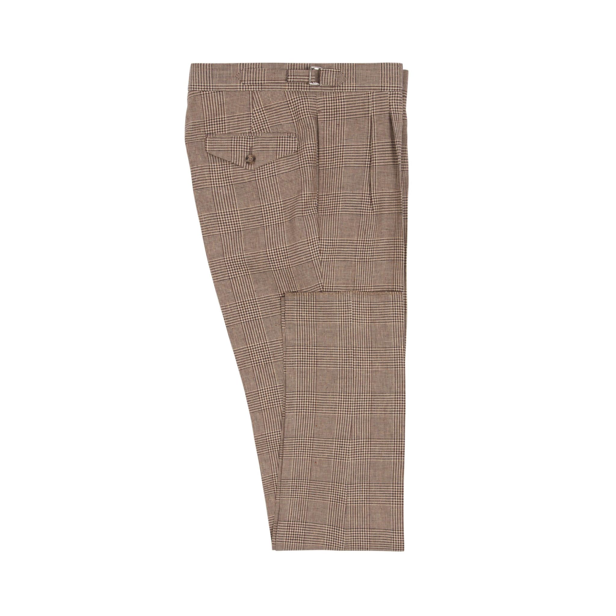 Ivory and Brown Linen Glencheck Pleated Trousers