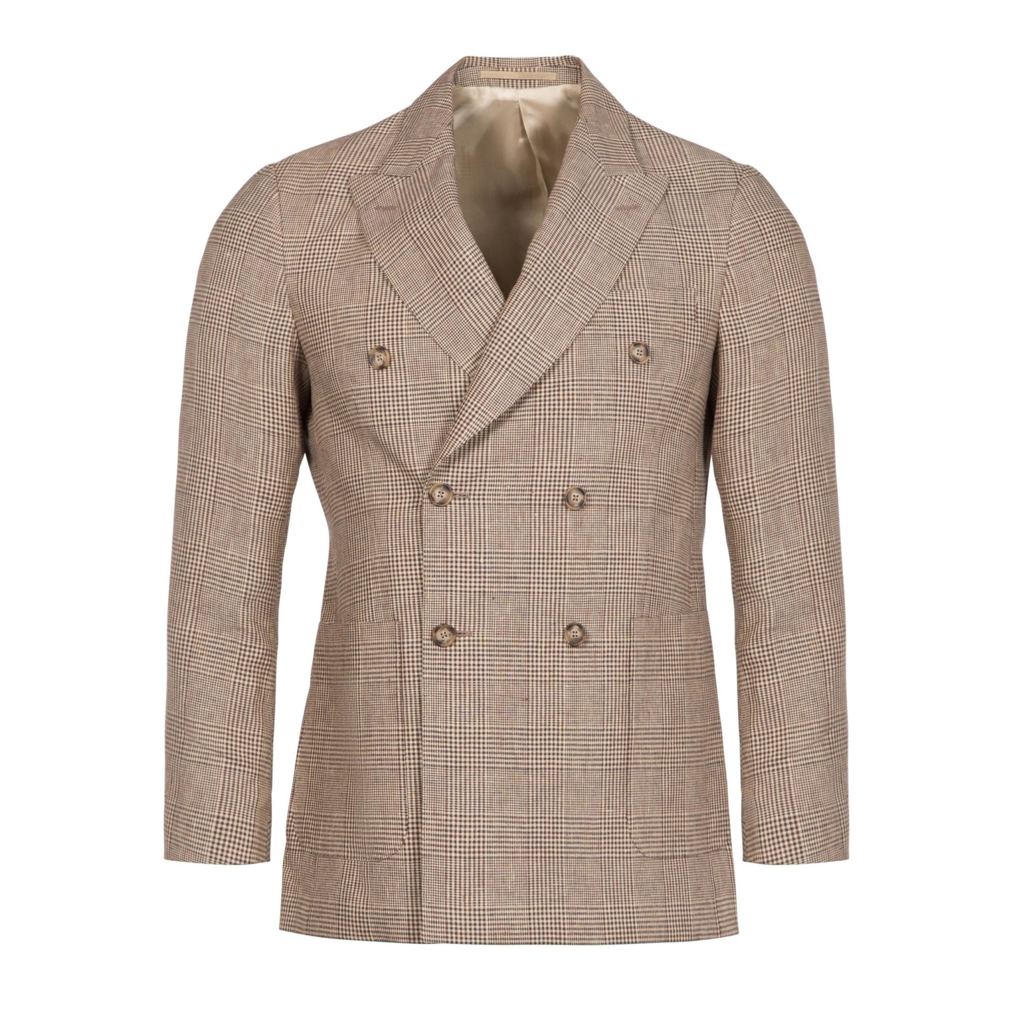 Ivory and Brown Linen Glencheck Double Breasted Blazer