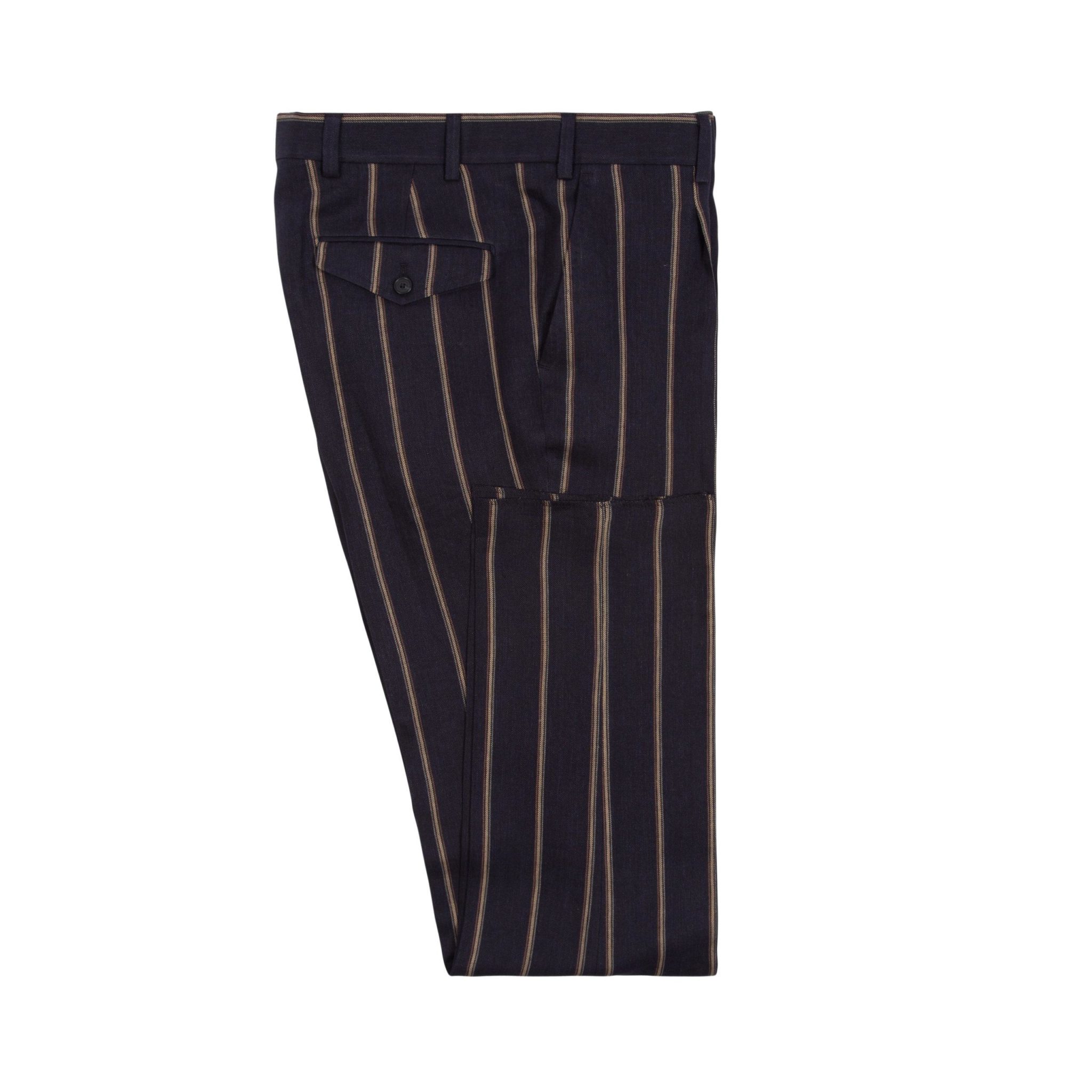 Navy Linen Wide Stripe Single Pleat Trousers