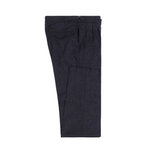 Navy Check Washed Wool Pleated Trousers