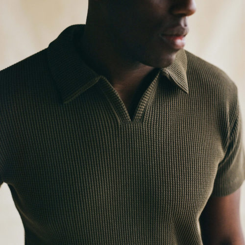 Olive Cotton Waffle Knit Open Collar Polo