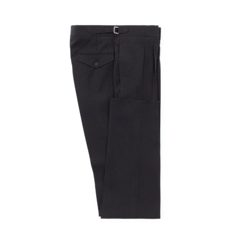 Black Wool Cotton Seersucker Pleated Trousers